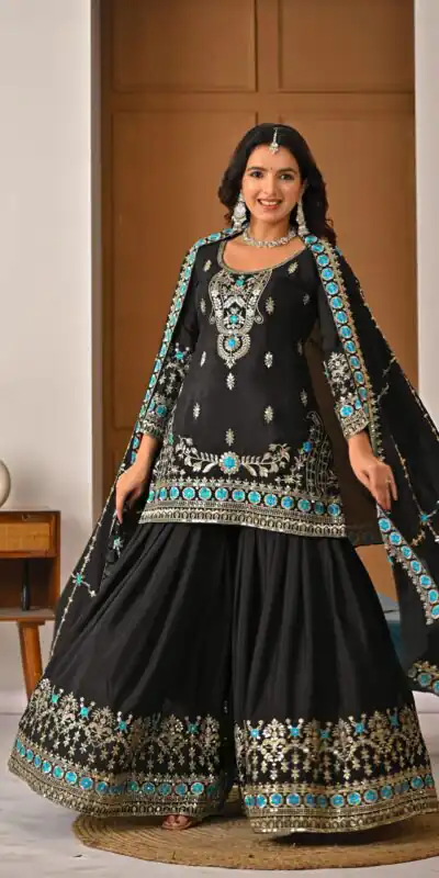 ND 5057 Black NC Vichitra Silk Salwar Suit with Embroidery Work. Special Price ₹2599. Delivery 4-6 Working Days. Shop now. | Casual Suits, Jump Suits, Creative suits, Designer Suits, Palazzo Suits, Party Wear Suits, Patiala Suits, Salwar suit, Straight Suits