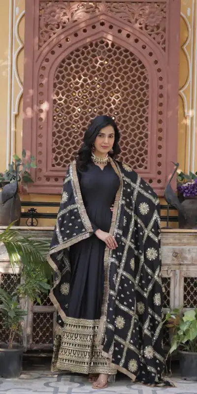 KA 1139 Black Star Georgette Gown Perfect for Wedding, Party, Onam, Mehendi, Traditional Day – . Affordable Price ₹3149. Delivery 4-6 Working Days. | Bollywood Gowns, Creative Gowns, Designer Gowns, Embroidered Gowns, Gowns, Party Wear Gowns