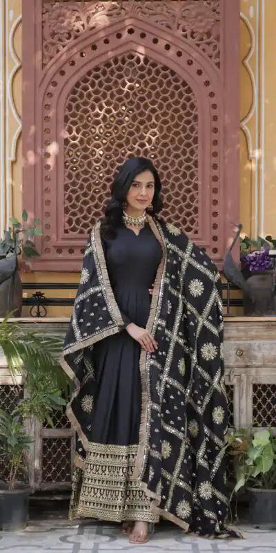 KA 1139 Black Star Georgette Gown Perfect for Wedding, Party, Onam, Mehendi, Traditional Day – . Affordable Price ₹3149. Delivery 4-6 Working Days. | Bollywood Gowns, Creative Gowns, Designer Gowns, Embroidered Gowns, Gowns, Party Wear Gowns