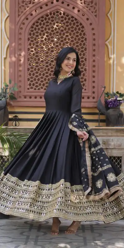 KA 1139 Black Star Georgette Gown Perfect for Wedding, Party, Onam, Mehendi, Traditional Day – . Affordable Price ₹3149. Delivery 4-6 Working Days. | Bollywood Gowns, Creative Gowns, Designer Gowns, Embroidered Gowns, Gowns, Party Wear Gowns