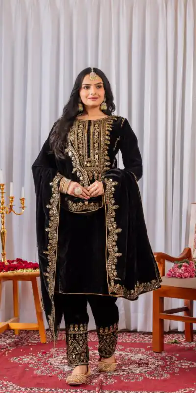 AD 089 Black Viscose Velvet Salwar Suit with Embroidery Work. Affordable Price ₹1999. Delivery 4-6 Working Days. Shop now. | Casual Suits, Jump Suits, Creative suits, Designer Suits, Palazzo Suits, Party Wear Suits, Patiala Suits, Salwar suit, Straight Suits