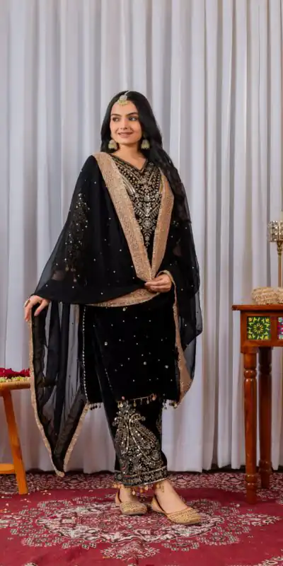 AD 134 Black Color Heavy Pure Viscose Velvet Embroidery Sharara Suit Wedding, Party, Festive, Events Etc. Expected Delivery  4-6 Working Days @2099/- | Casual Suits, Jump Suits, Creative suits, Designer Suits, Palazzo Suits, Party Wear Suits, Patiala Suits, Salwar suit, Straight Suits