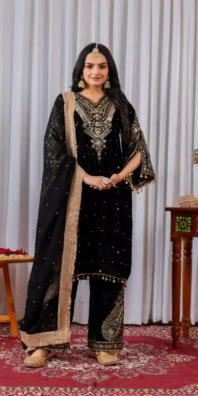 AD 134 Black Color Heavy Pure Viscose Velvet Embroidery Sharara Suit Wedding, Party, Festive, Events Etc. Expected Delivery  4-6 Working Days @2099/- | Casual Suits, Jump Suits, Creative suits, Designer Suits, Palazzo Suits, Party Wear Suits, Patiala Suits, Salwar suit, Straight Suits