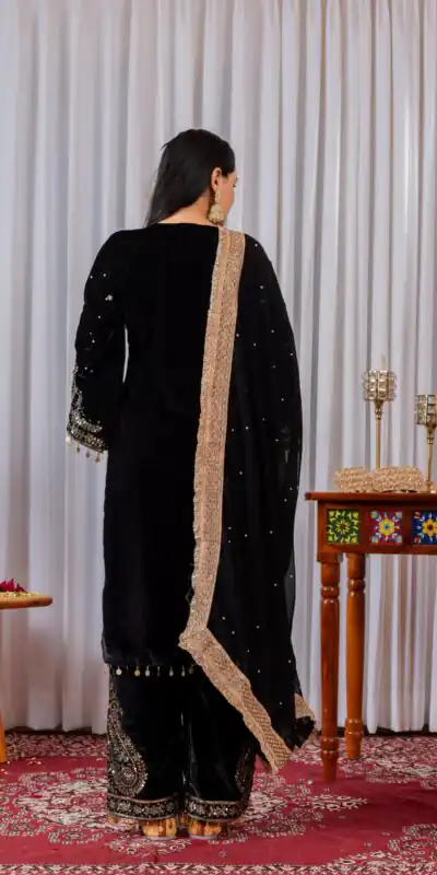 AD 134 Black Color Heavy Pure Viscose Velvet Embroidery Sharara Suit Wedding, Party, Festive, Events Etc. Expected Delivery  4-6 Working Days @2099/- | Casual Suits, Jump Suits, Creative suits, Designer Suits, Palazzo Suits, Party Wear Suits, Patiala Suits, Salwar suit, Straight Suits