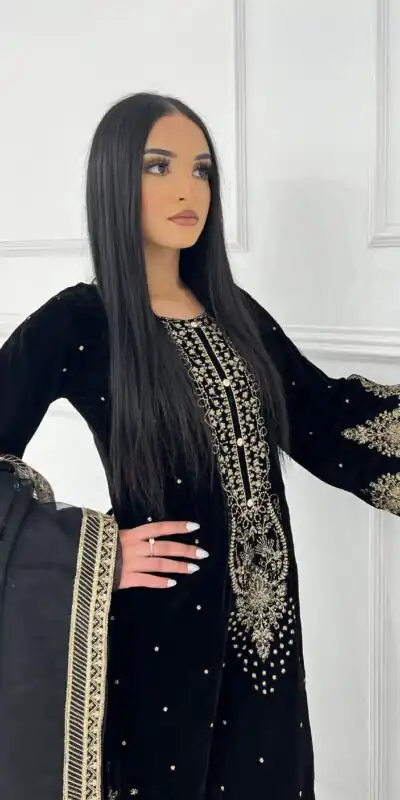 AD 222 Black Viscose Velvet Salwar Suit with Embroidery Work & Lace Work. Best Price ₹2099. Delivery 4-6 Working Days. Shop now. | Casual Suits, Jump Suits, Creative suits, Designer Suits, Palazzo Suits, Party Wear Suits, Patiala Suits, Salwar suit, Straight Suits