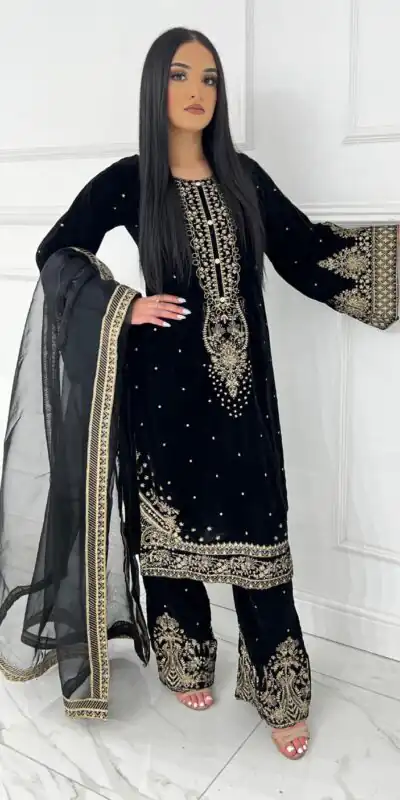 AD 222 Black Viscose Velvet Salwar Suit with Embroidery Work & Lace Work. Best Price ₹2099. Delivery 4-6 Working Days. Shop now. | Casual Suits, Jump Suits, Creative suits, Designer Suits, Palazzo Suits, Party Wear Suits, Patiala Suits, Salwar suit, Straight Suits
