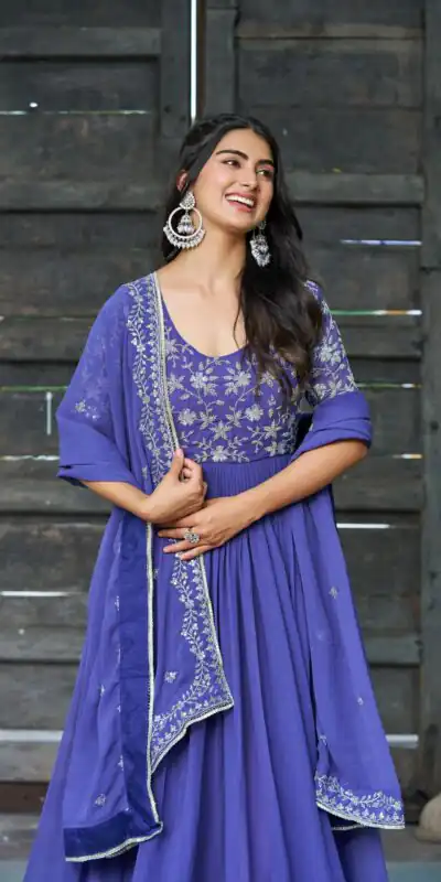 KA 1204 Blue Faux Blooming Gown with Sequins Work & Embroidery Work. Festive Deal ₹2449. Delivery 4-6 Working Days. Shop now. | Bollywood Gowns, Creative Gowns, Designer Gowns, Embroidered Gowns, Gowns, Party Wear Gowns