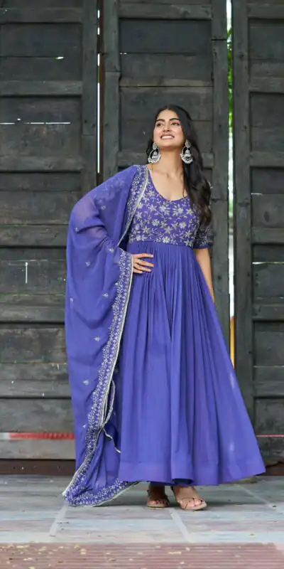 KA 1204 Blue Faux Blooming Gown with Sequins Work & Embroidery Work. Festive Deal ₹2449. Delivery 4-6 Working Days. Shop now. | Bollywood Gowns, Creative Gowns, Designer Gowns, Embroidered Gowns, Gowns, Party Wear Gowns