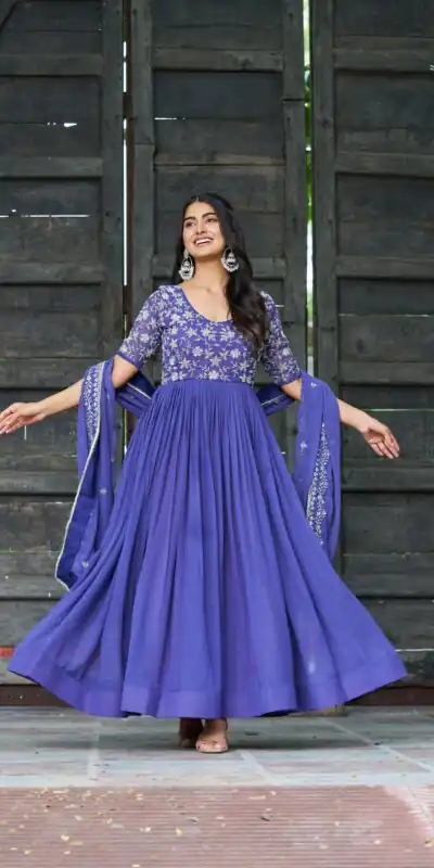 KA 1204 Blue Faux Blooming Gown with Sequins Work & Embroidery Work. Festive Deal ₹2449. Delivery 4-6 Working Days. Shop now. | Bollywood Gowns, Creative Gowns, Designer Gowns, Embroidered Gowns, Gowns, Party Wear Gowns