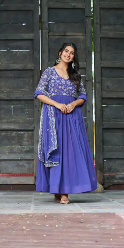 KA 1204 Blue Faux Blooming Gown with Sequins Work & Embroidery Work. Festive Deal ₹2449. Delivery 4-6 Working Days. Shop now. | Bollywood Gowns, Creative Gowns, Designer Gowns, Embroidered Gowns, Gowns, Party Wear Gowns