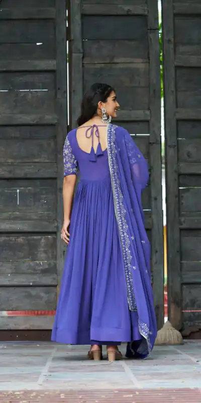 KA 1204 Blue Faux Blooming Gown with Sequins Work & Embroidery Work. Festive Deal ₹2449. Delivery 4-6 Working Days. Shop now. | Bollywood Gowns, Creative Gowns, Designer Gowns, Embroidered Gowns, Gowns, Party Wear Gowns