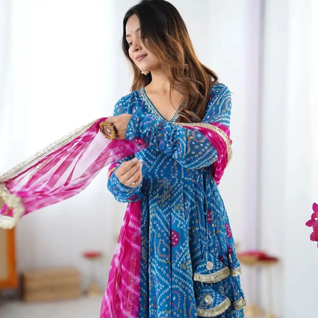 ST 1116 Blue Faux Georgette Gown with Digital Print & Embroidery Work. Exclusive Offer ₹1999. Delivery 4-6 Working Days. Shop now. | Bollywood Gowns, Creative Gowns, Designer Gowns, Embroidered Gowns, Gowns, Party Wear Gowns