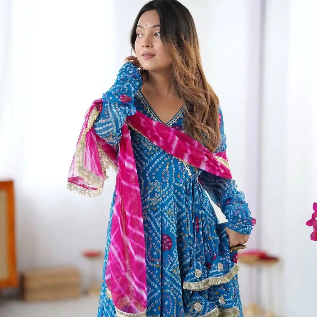 ST 1116 Blue Faux Georgette Gown with Digital Print & Embroidery Work. Exclusive Offer ₹1999. Delivery 4-6 Working Days. Shop now. | Bollywood Gowns, Creative Gowns, Designer Gowns, Embroidered Gowns, Gowns, Party Wear Gowns