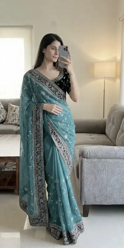 NC 5534 Blue Moss Silk Saree Perfect for Wedding, Party, Ganesh Chaturthi, Karwa Chauth, Haldi – . Introductory Price ₹2049. Delivery 4-6 Working Days. | Creative Sarees, Bollywood Sarees, Designer Sarees, Embroidered Sarees, Ethnic Saree, Modern Digital sarees, Party Wear Sarees, Sarees