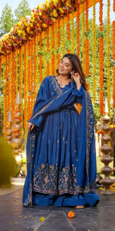 NF 1264 Blue Natural Crap Silk Anarkali Suit with Embroidery Work. Available at ₹3049 only. Delivery 4-6 Working Days. Shop now. | Anarkali Suits, Bollywood Anarkali, Creative-Anarkali, Designer Anarkali, Embroidered Anarkali, Party Wear Anarkali
