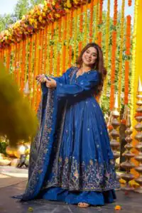 NF 1264 Blue Natural Crap Silk Anarkali Suit with Embroidery Work. Available at ₹3049 only. Delivery 4-6 Working Days. Shop now. | Anarkali Suits, Bollywood Anarkali, Creative-Anarkali, Designer Anarkali, Embroidered Anarkali, Party Wear Anarkali