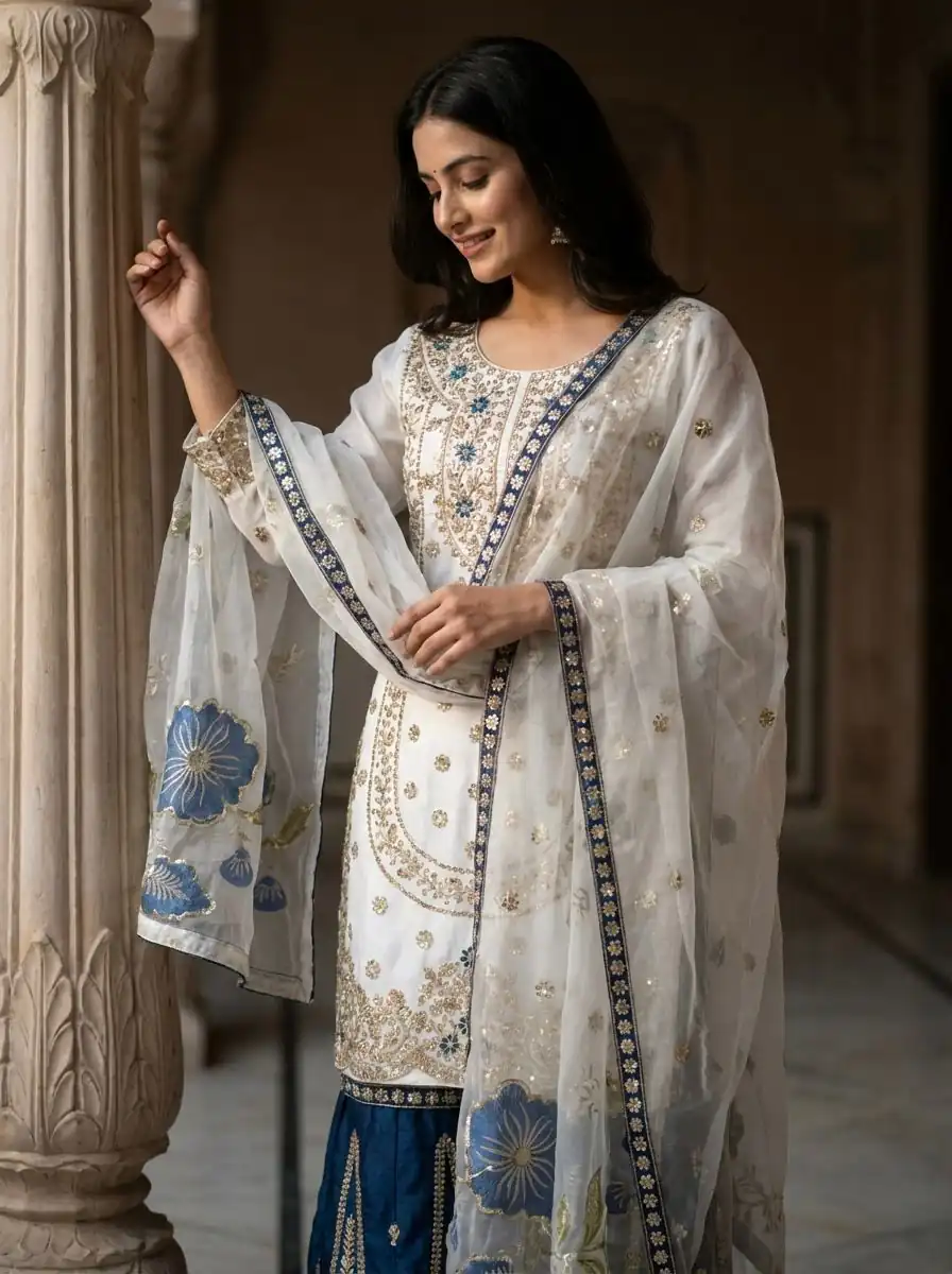 NSR 884 Blue Organza Silk Salwar Suit with Digital Print & Embroidery Work. Introductory Price ₹2149. Delivery 4-6 Working Days. Shop now. | Casual Suits, Jump Suits, Creative suits, Designer Suits, Palazzo Suits, Party Wear Suits, Patiala Suits, Salwar suit, Straight Suits