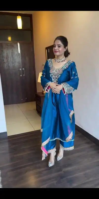 ST 170 Blue Cowrie Work & Embroidery Work Salwar Suit in Wine Vichitra Silk. Grab it for ₹2049. Delivery 4-6 Working Days. Shop now. | Casual Suits, Jump Suits, Creative suits, Designer Suits, Palazzo Suits, Party Wear Suits, Patiala Suits, Salwar suit, Straight Suits