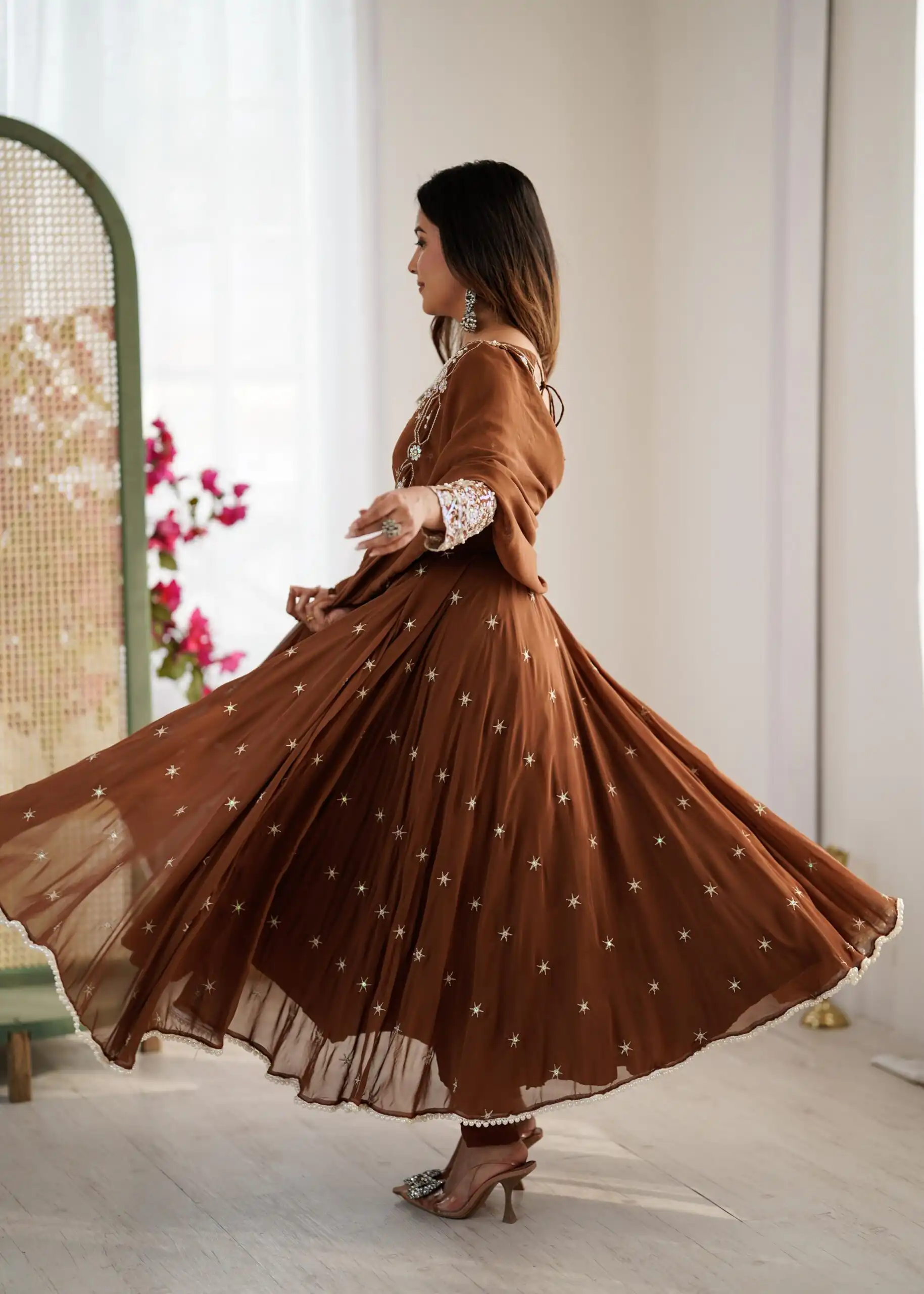 ZF 5012 Brown Blooming Faux Gown with Embroidery Work. Wedding, Party, Festive, Events Grab it for ₹2149. Delivery 4-6 Working Days. Shop now. | Bollywood Lehenga, Creative Lehenga, Designer Lehenga, Embroidered Lehenga, Lehenga, Party Wear Lehenga