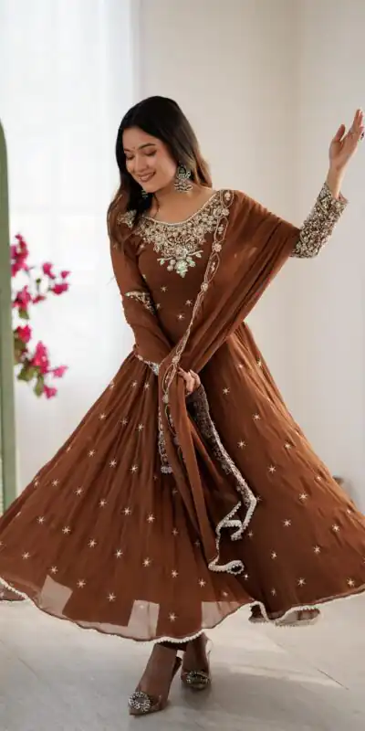 ZF 5012 Brown Blooming Faux Gown with Embroidery Work. Wedding, Party, Festive, Events Grab it for ₹2149. Delivery 4-6 Working Days. Shop now. | Bollywood Lehenga, Creative Lehenga, Designer Lehenga, Embroidered Lehenga, Lehenga, Party Wear Lehenga