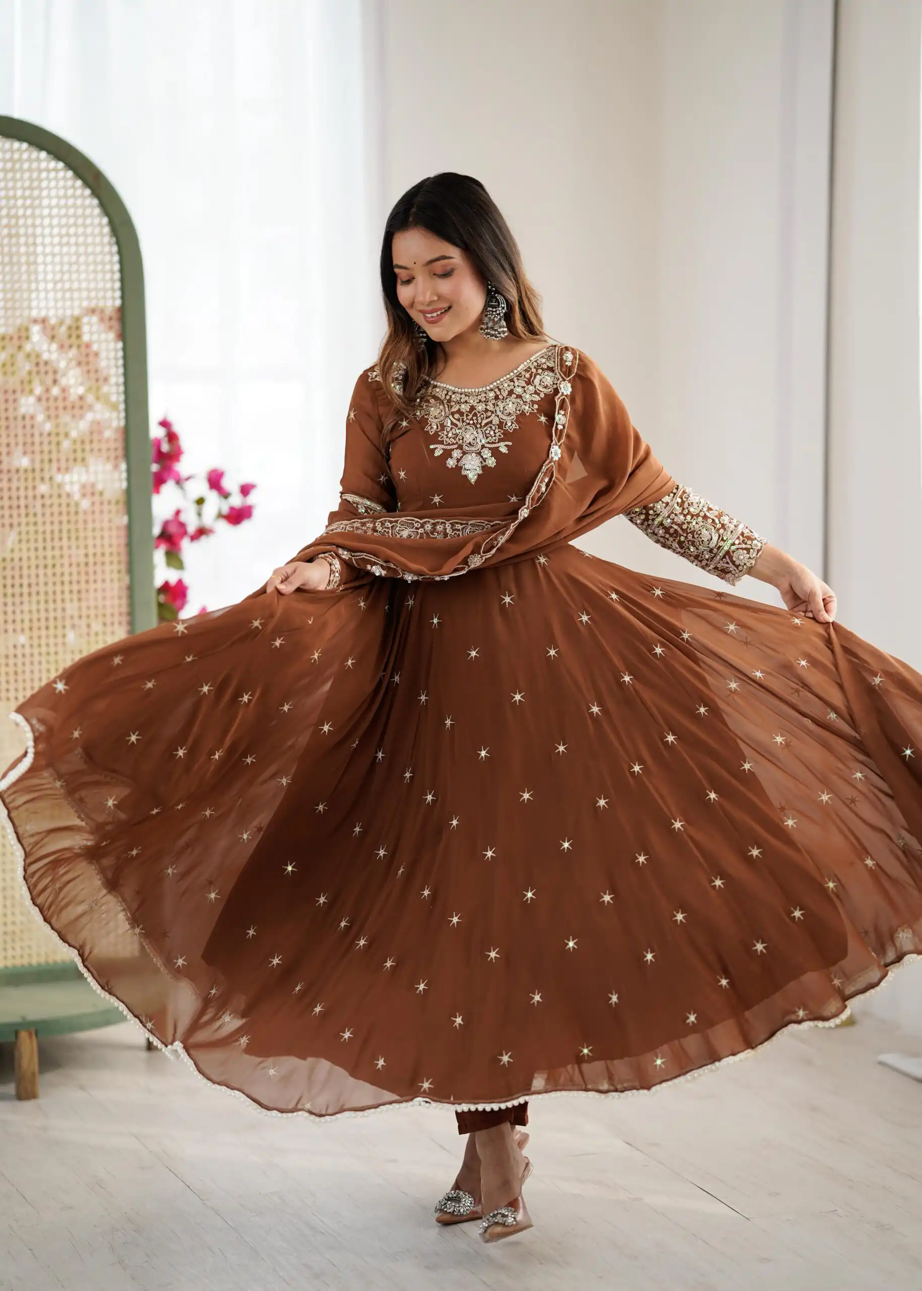 ZF 5012 Brown Blooming Faux Gown with Embroidery Work. Wedding, Party, Festive, Events Grab it for ₹2149. Delivery 4-6 Working Days. Shop now. | Bollywood Lehenga, Creative Lehenga, Designer Lehenga, Embroidered Lehenga, Lehenga, Party Wear Lehenga