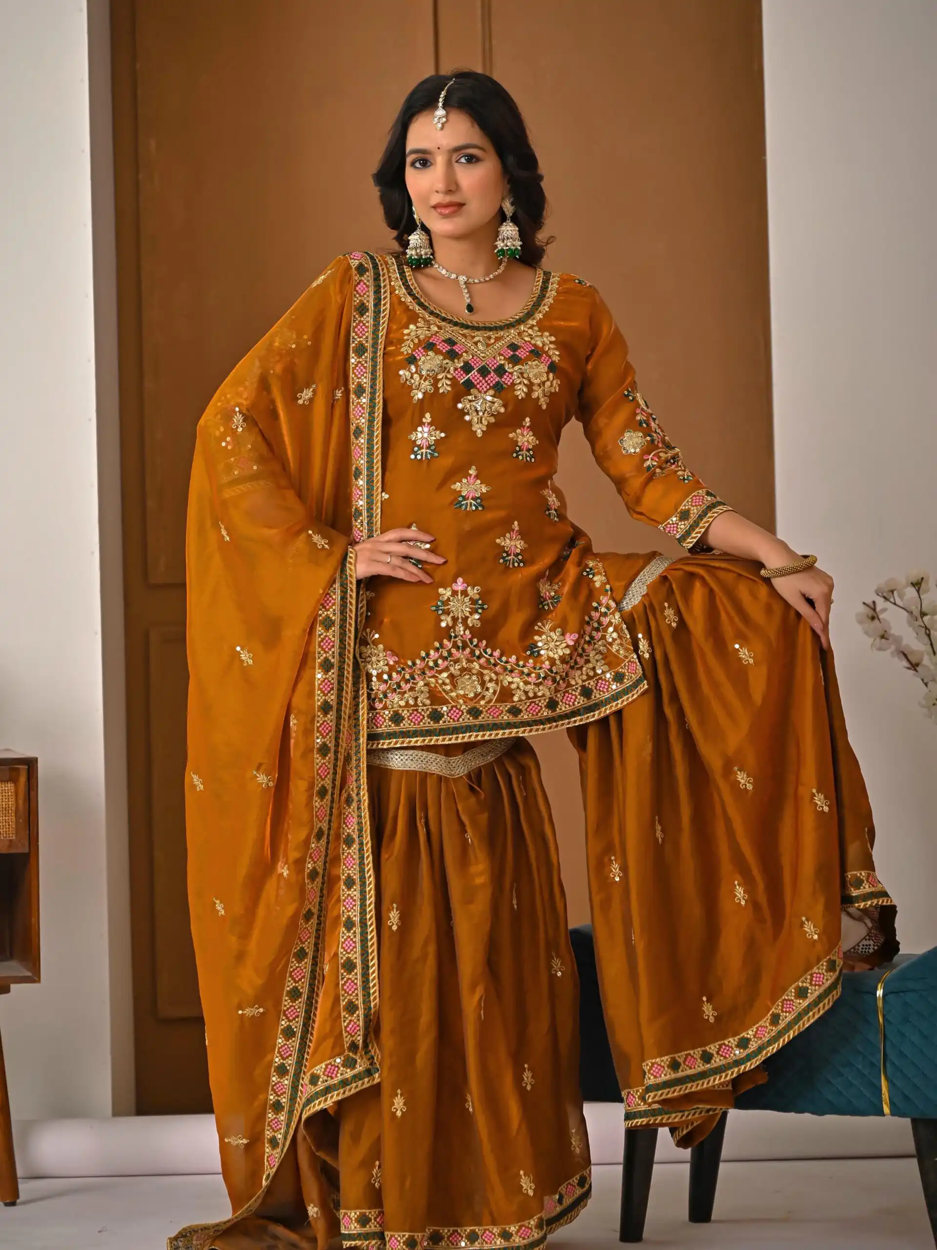 ND 5056 Brown Fandy Silk Salwar Suit with Embroidery Work. Wedding, Party, Festive, Events Now at just ₹2649. Delivery 4-6 Working Days. Shop now. | Casual Suits, Jump Suits, Creative suits, Designer Suits, Palazzo Suits, Party Wear Suits, Patiala Suits, Salwar suit, Straight Suits