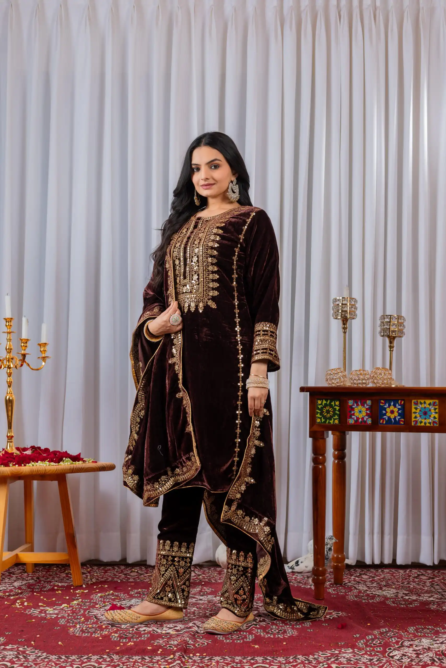 AD 089 Brown Viscose Velvet Salwar Suit with Embroidery Work. Affordable Price ₹1999. Delivery 4-6 Working Days. Shop now. | Casual Suits, Jump Suits, Creative suits, Designer Suits, Palazzo Suits, Party Wear Suits, Patiala Suits, Salwar suit, Straight Suits