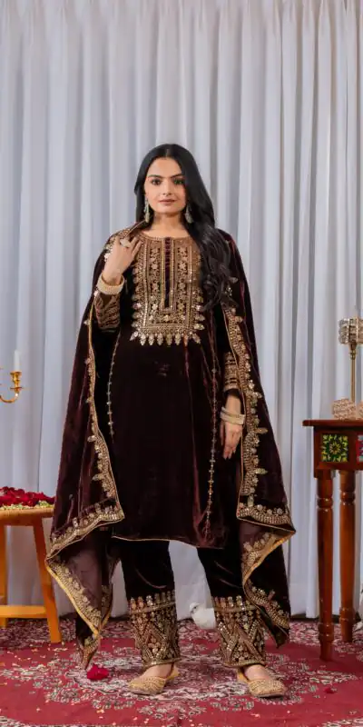 AD 089 Brown Viscose Velvet Salwar Suit with Embroidery Work. Affordable Price ₹1999. Delivery 4-6 Working Days. Shop now. | Casual Suits, Jump Suits, Creative suits, Designer Suits, Palazzo Suits, Party Wear Suits, Patiala Suits, Salwar suit, Straight Suits