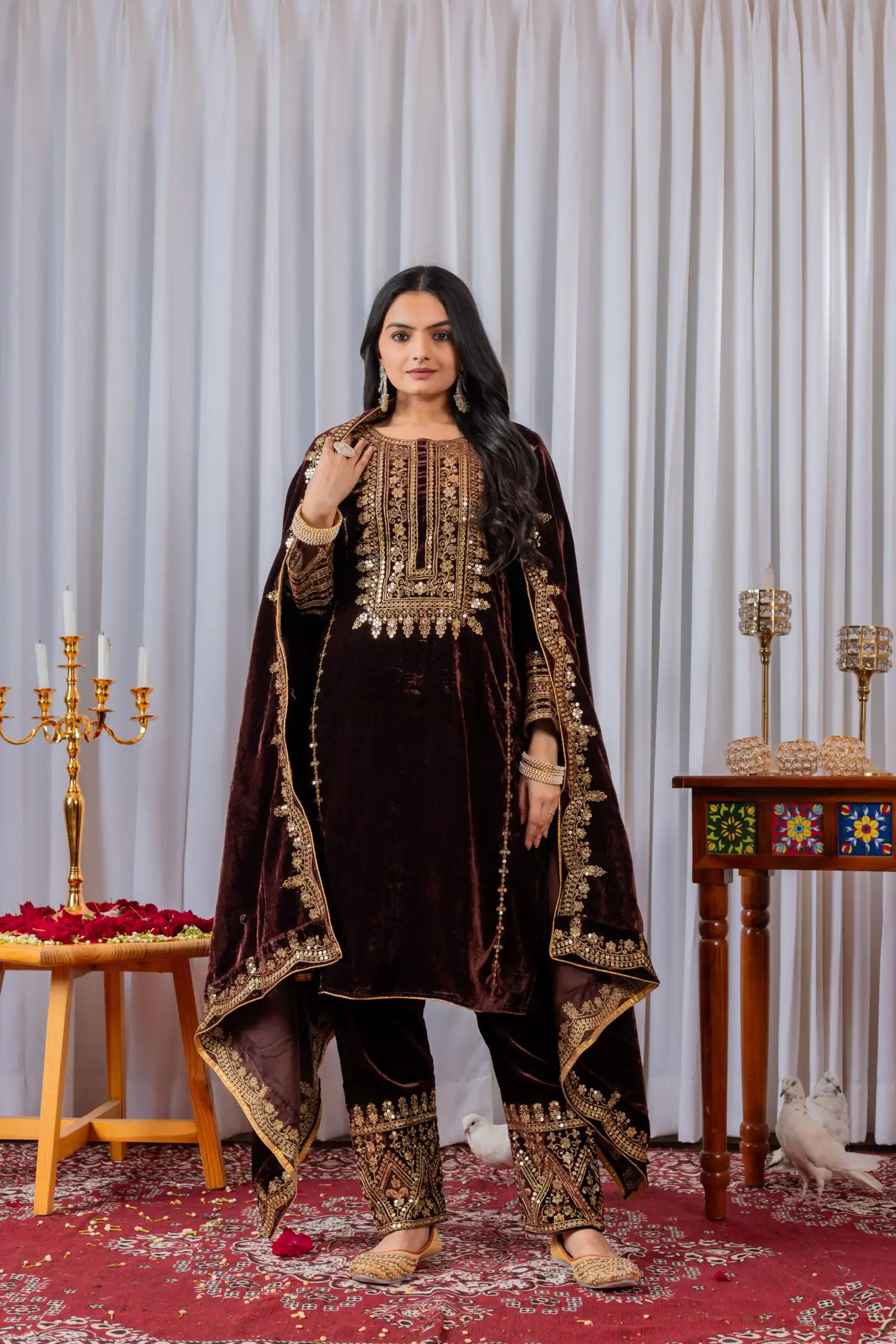 AD 089 Brown Viscose Velvet Salwar Suit with Embroidery Work. Affordable Price ₹1999. Delivery 4-6 Working Days. Shop now. | Casual Suits, Jump Suits, Creative suits, Designer Suits, Palazzo Suits, Party Wear Suits, Patiala Suits, Salwar suit, Straight Suits