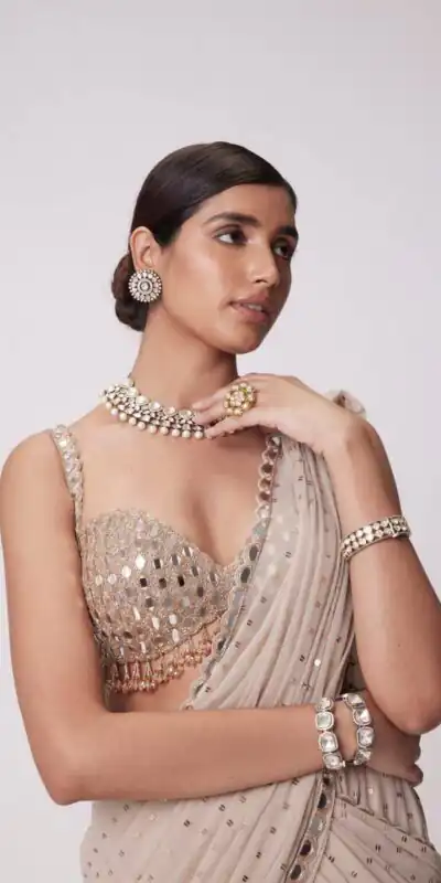 BD 1821 Chiku in Faux Georgette Mirror Work Saree . Wedding, Party, Festive, Events, Grab it for ₹2499. Delivery 4-6 Working Days. Shop now. | Creative Sarees, Bollywood Sarees, Designer Sarees, Embroidered Sarees, Ethnic Saree, Modern Digital sarees, Party Wear Sarees, Sarees