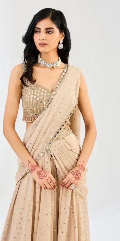 BD 1821 Chiku in Faux Georgette Mirror Work Saree . Wedding, Party, Festive, Events, Grab it for ₹2499. Delivery 4-6 Working Days. Shop now. | Creative Sarees, Bollywood Sarees, Designer Sarees, Embroidered Sarees, Ethnic Saree, Modern Digital sarees, Party Wear Sarees, Sarees