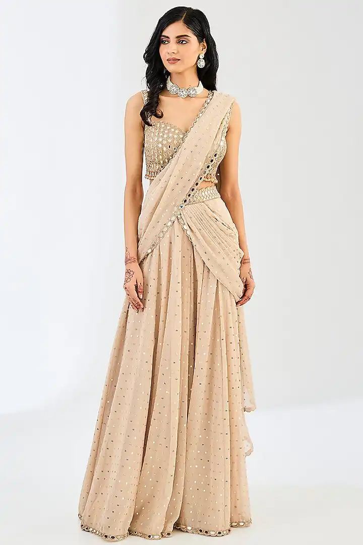 BD 1821 Chiku in Faux Georgette Mirror Work Saree . Wedding, Party, Festive, Events, Grab it for ₹2499. Delivery 4-6 Working Days. Shop now. | Creative Sarees, Bollywood Sarees, Designer Sarees, Embroidered Sarees, Ethnic Saree, Modern Digital sarees, Party Wear Sarees, Sarees