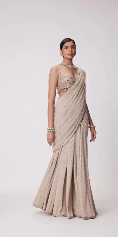 BD 1821 Chiku in Faux Georgette Mirror Work Saree . Wedding, Party, Festive, Events, Grab it for ₹2499. Delivery 4-6 Working Days. Shop now. | Creative Sarees, Bollywood Sarees, Designer Sarees, Embroidered Sarees, Ethnic Saree, Modern Digital sarees, Party Wear Sarees, Sarees