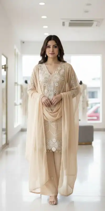 LG 2063 Chiku Faux Georgette Salwar Suit with Sequins Work & Embroidery Work. Introductory Price ₹2149. Delivery 4-6 Working Days. Shop now. | Casual Suits, Jump Suits, Creative suits, Designer Suits, Palazzo Suits, Party Wear Suits, Patiala Suits, Salwar suit, Straight Suits