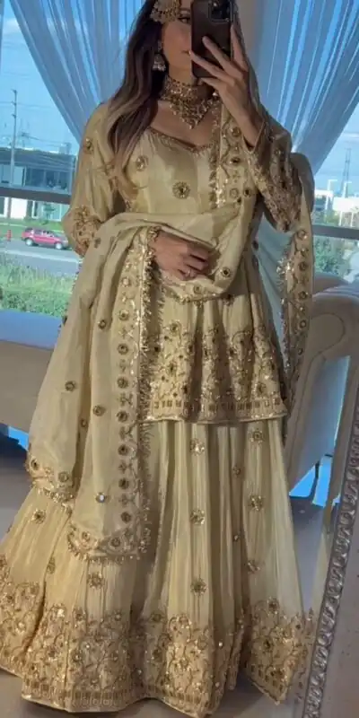 ST 1159 Cream Chinon Lehenga Choli with Embroidery Work & Mirror Work. Grab it for ₹2549. Delivery 4-6 Working Days. Shop now. | Bollywood Lehenga, Creative Lehenga, Designer Lehenga, Embroidered Lehenga, Lehenga, Party Wear Lehenga