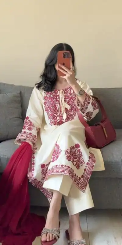 DC 108 Cream Color Natural Crep Salwar Suit with Embroidery Work. Wedding, Party, Festive, Best Price ₹1849. Delivery 4-6 Working Days. Shop now. | Casual Suits, Jump Suits, Creative suits, Designer Suits, Palazzo Suits, Party Wear Suits, Patiala Suits, Salwar suit, Straight Suits