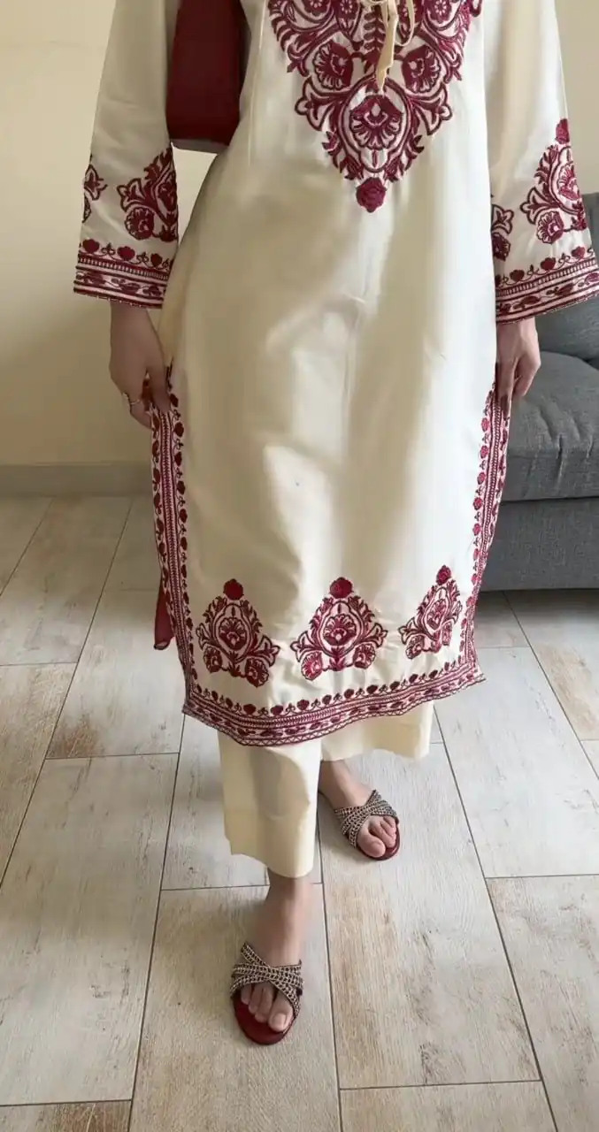 DC 108 Cream Color Natural Crep Salwar Suit with Embroidery Work. Wedding, Party, Festive, Best Price ₹1849. Delivery 4-6 Working Days. Shop now. | Casual Suits, Jump Suits, Creative suits, Designer Suits, Palazzo Suits, Party Wear Suits, Patiala Suits, Salwar suit, Straight Suits