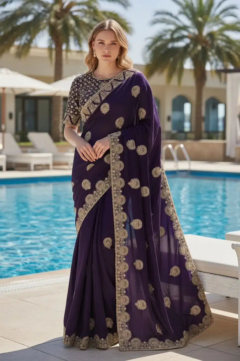 BT 442 Dark Purple in Fandy Satin Silk. Embroidery Work & Zari Work Saree Affordable Price ₹1999. Delivery 4-6 Working Days. Shop now. | Creative Sarees, Bollywood Sarees, Designer Sarees, Embroidered Sarees, Ethnic Saree, Modern Digital sarees, Party Wear Sarees, Sarees