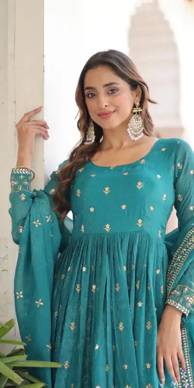 EKA 1216 Firozi in Silver Crunchy mbroidery Work & Sequins Work Gown . Available at ₹2649 only. Delivery 4-6 Working Days. Shop now. | Bollywood Gowns, Creative Gowns, Designer Gowns, Embroidered Gowns, Gowns, Party Wear Gowns