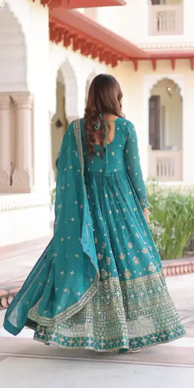 EKA 1216 Firozi in Silver Crunchy mbroidery Work & Sequins Work Gown . Available at ₹2649 only. Delivery 4-6 Working Days. Shop now. | Bollywood Gowns, Creative Gowns, Designer Gowns, Embroidered Gowns, Gowns, Party Wear Gowns