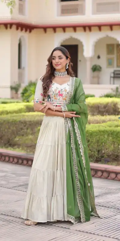 KA 5061 Green in Cosmos silk Embroidery Work & Zari Work Lehenga Choli . Get it for ₹2649. Delivery 4-6 Working Days. Shop now. | Bollywood Lehenga, Creative Lehenga, Designer Lehenga, Embroidered Lehenga, Lehenga, Party Wear Lehenga