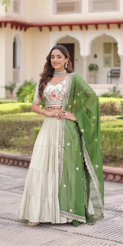 KA 5061 Green in Cosmos silk Embroidery Work & Zari Work Lehenga Choli . Get it for ₹2649. Delivery 4-6 Working Days. Shop now. | Bollywood Lehenga, Creative Lehenga, Designer Lehenga, Embroidered Lehenga, Lehenga, Party Wear Lehenga