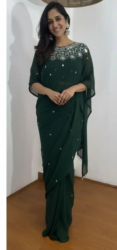 ST 1157 Green in Faux Georgette Mirror Work & Embroidery Work Saree. Festive Deal ₹1899. Delivery 4-6 Working Days. Shop now. | Creative Sarees, Bollywood Sarees, Designer Sarees, Embroidered Sarees, Ethnic Saree, Modern Digital sarees, Party Wear Sarees, Sarees