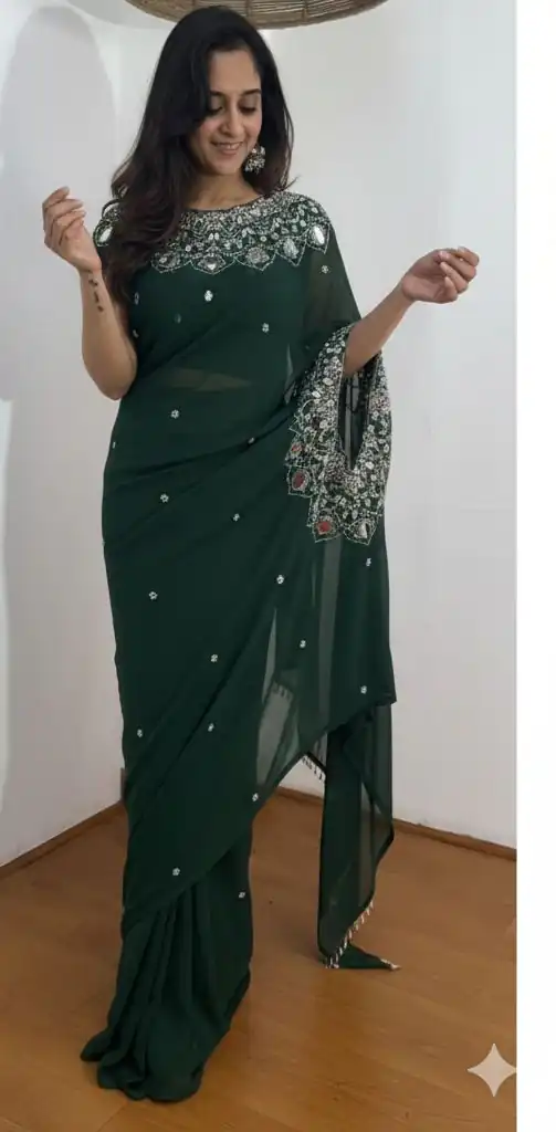 ST 1157 Green in Faux Georgette Mirror Work & Embroidery Work Saree. Festive Deal ₹1899. Delivery 4-6 Working Days. Shop now. | Creative Sarees, Bollywood Sarees, Designer Sarees, Embroidered Sarees, Ethnic Saree, Modern Digital sarees, Party Wear Sarees, Sarees