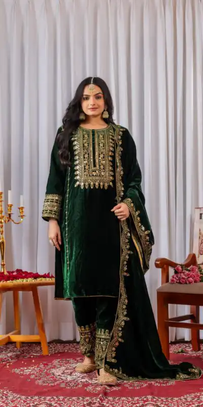 AD 089 Green Viscose Velvet Salwar Suit with Embroidery Work. Affordable Price ₹1999. Delivery 4-6 Working Days. Shop now. | Casual Suits, Jump Suits, Creative suits, Designer Suits, Palazzo Suits, Party Wear Suits, Patiala Suits, Salwar suit, Straight Suits