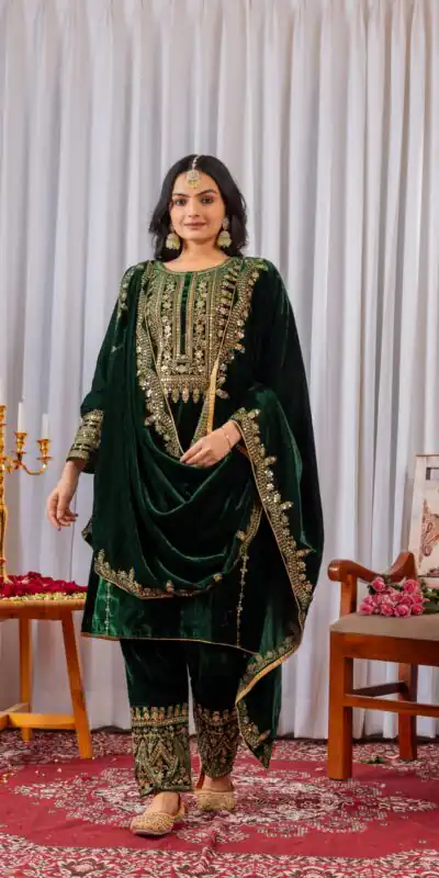 AD 089 Green Viscose Velvet Salwar Suit with Embroidery Work. Affordable Price ₹1999. Delivery 4-6 Working Days. Shop now. | Casual Suits, Jump Suits, Creative suits, Designer Suits, Palazzo Suits, Party Wear Suits, Patiala Suits, Salwar suit, Straight Suits