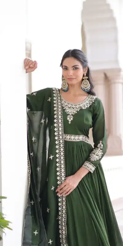 KA 1215 Green Vichitra Silk Gown Perfect for Wedding, Party, Holi, Anniversary, Mehendi –. Grab it for ₹2449. Delivery 4-6 Working Days. Shop now. | Bollywood Gowns, Creative Gowns, Designer Gowns, Embroidered Gowns, Gowns, Party Wear Gowns