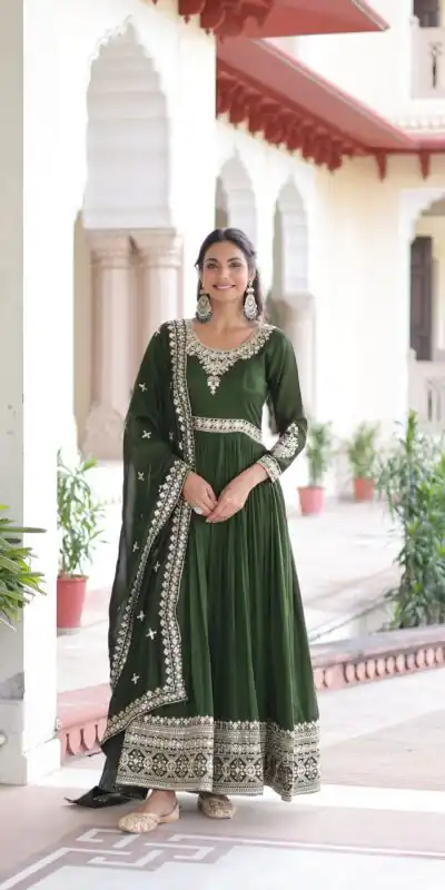 KA 1215 Green Vichitra Silk Gown Perfect for Wedding, Party, Holi, Anniversary, Mehendi –. Grab it for ₹2449. Delivery 4-6 Working Days. Shop now. | Bollywood Gowns, Creative Gowns, Designer Gowns, Embroidered Gowns, Gowns, Party Wear Gowns