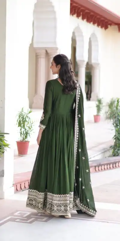 KA 1215 Green Vichitra Silk Gown Perfect for Wedding, Party, Holi, Anniversary, Mehendi –. Grab it for ₹2449. Delivery 4-6 Working Days. Shop now. | Bollywood Gowns, Creative Gowns, Designer Gowns, Embroidered Gowns, Gowns, Party Wear Gowns