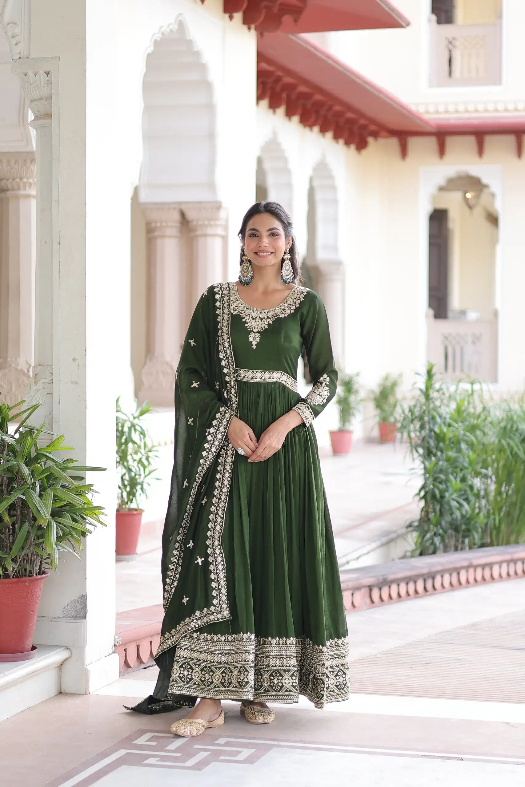 KA 1215 Green Vichitra Silk Gown Perfect for Wedding, Party, Holi, Anniversary, Mehendi –. Grab it for ₹2449. Delivery 4-6 Working Days. Shop now. | Bollywood Gowns, Creative Gowns, Designer Gowns, Embroidered Gowns, Gowns, Party Wear Gowns
